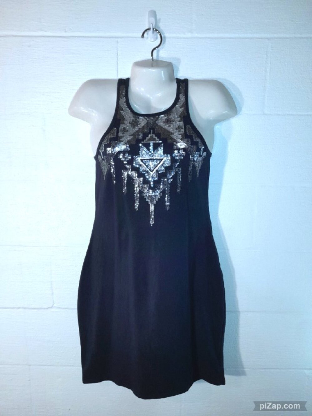 Express Women's Large Navy Blue Mini Bodycon Dress Silver Aztec Tribal Sequins